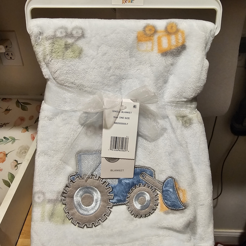 Baby Gear Blue and White TractorBlanket with Vehicle Design